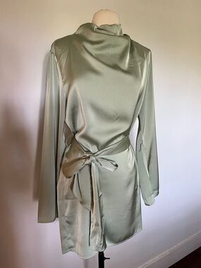 Satin High-Neck Mini Dress with Waist Tie - Sage Green